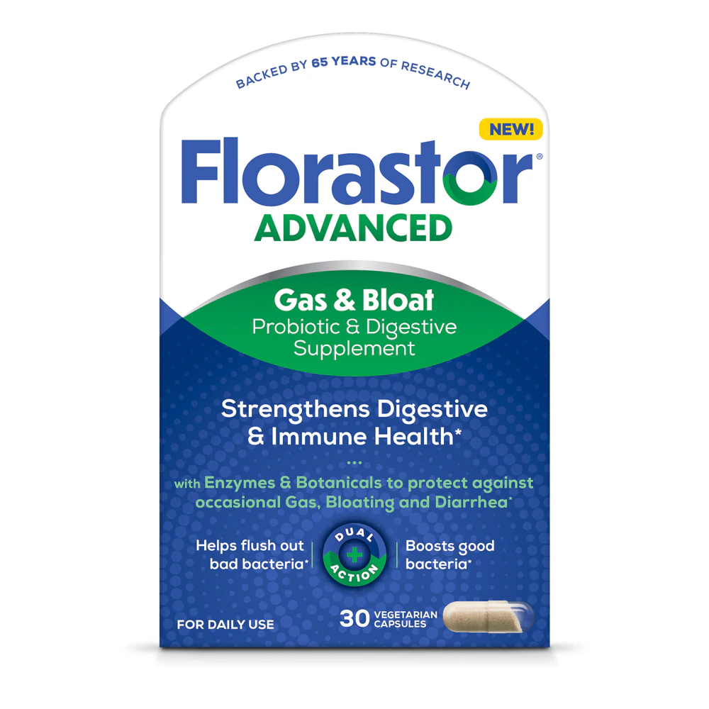 Florastor Advanced Gas & Bloat Probiotic and Digestive Supplement -- 30 Vegetarian Capsules