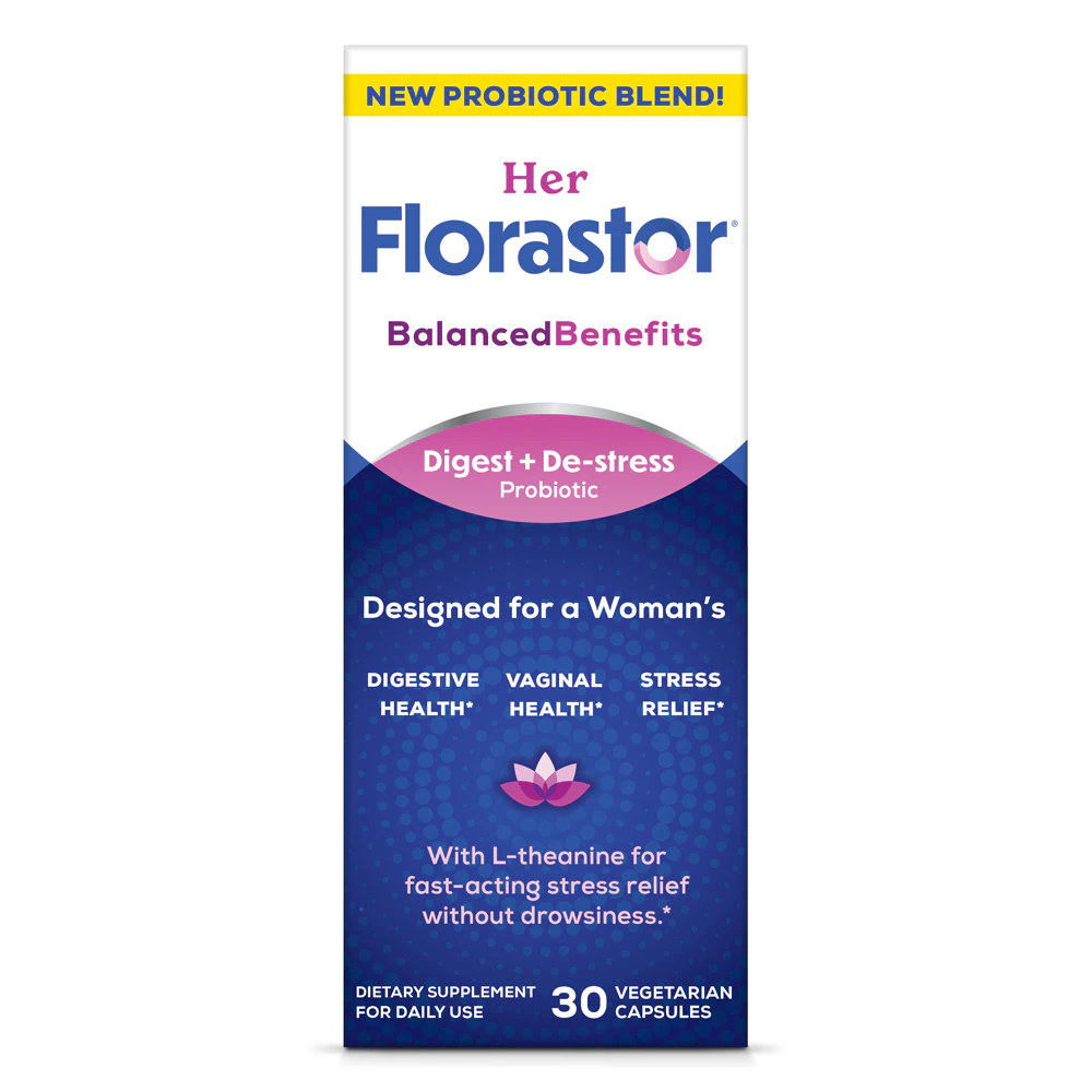 Florastor Her Digest and De-Stress Women's Probiotic and Stress Relief -- 30 Vegetarian Capsules