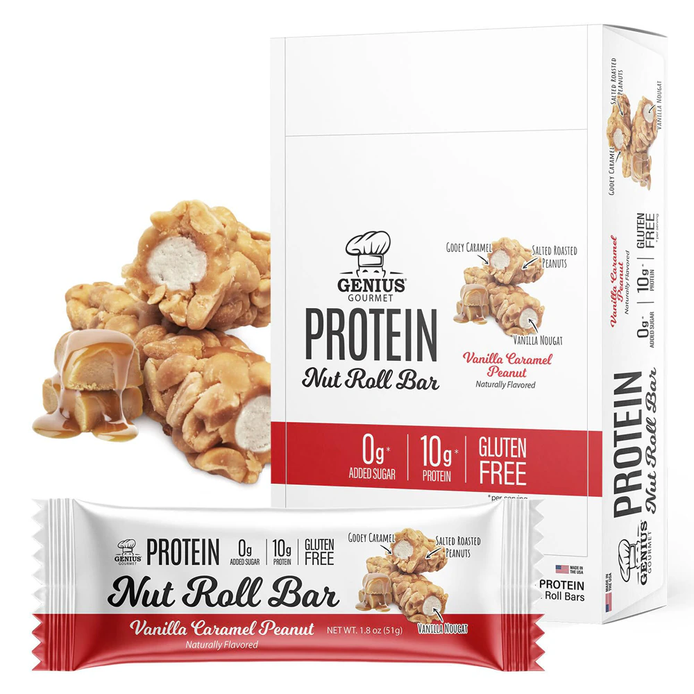 Genius Gourmet Protein Nut Roll Bar Vanillla Caramel Peanut -- 10 Bars
