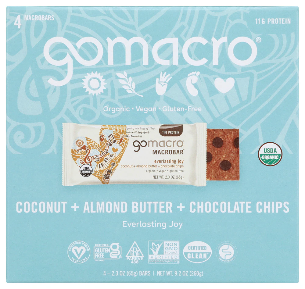 GoMacro Organic Gluten Free Macrobar Coconut Almond Butter Chocolate Chip -- 4 Bars