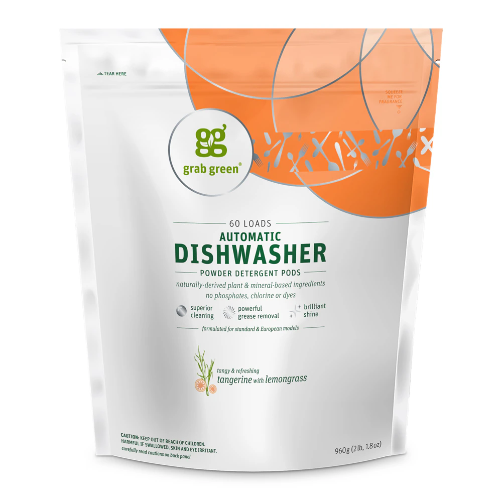 GrabGreen Automatic Dishwasher Powder Detergent Pods Tangerine with Lemongrass -- 60 Loads