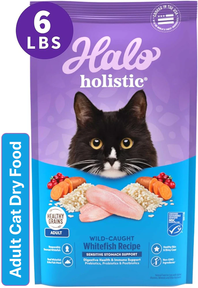 Halo Holistic Adult Cat Dry Food Sensitive Stomach Support Wild-Caught Whitefish Recipe -- 6 lb