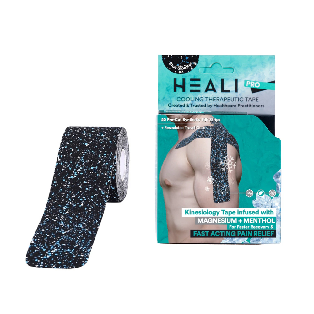 Heali Precut Synthetic Silk Kinesiology Tape For Athletes With Magnesium & Menthol - Blue Splatter -- 20 Strips