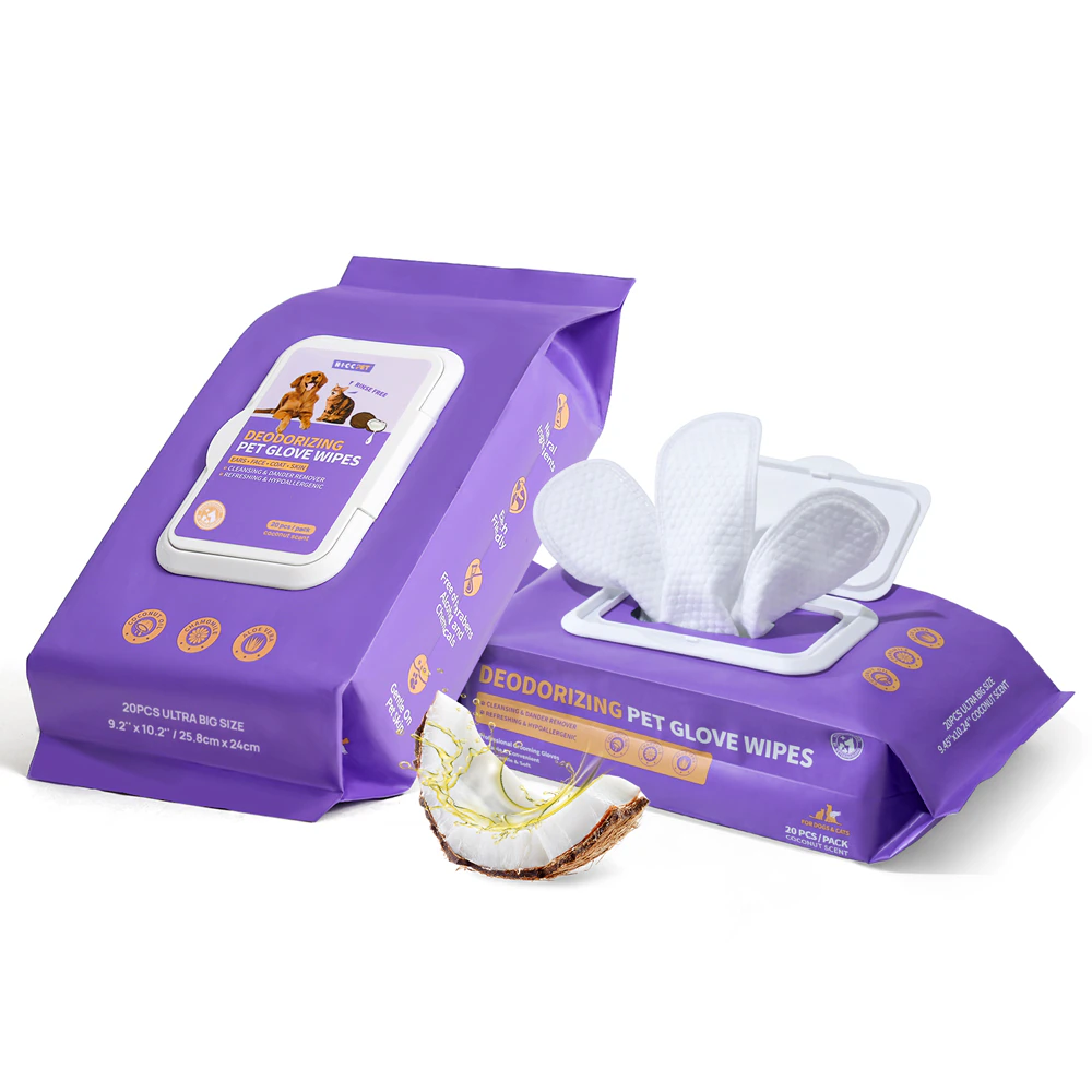 HICC Pet Deodorizing Pet Glove Wipes for Dogs and Cats -- 20 Wipes