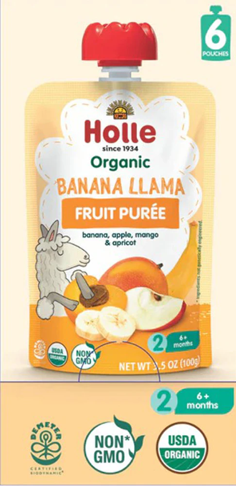 Holle Organic Banana Llama Baby Food Puree 6+ Months Banana Apple Mango Apricot -- 6 Pouches