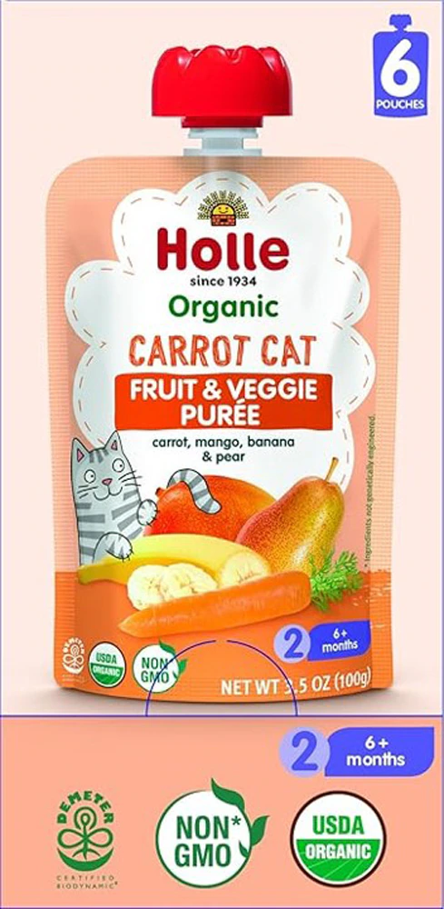 Holle Organic Carrot Cat Baby Food Puree 6+ Months Carrot Mango Banana Pear -- 6 Pouches