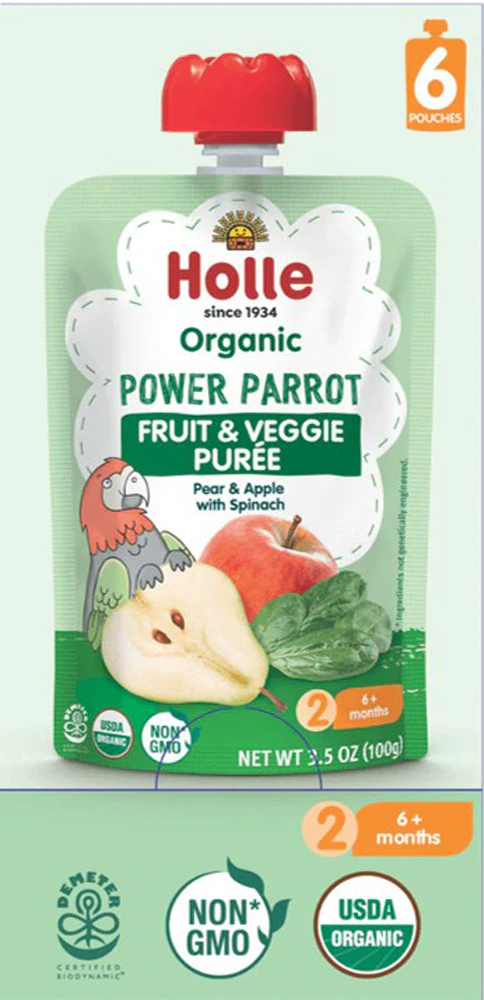 Holle Organic Power Parrot Baby Food Puree 6+ Months Pear & Apple with Spinach -- 6 Pouches