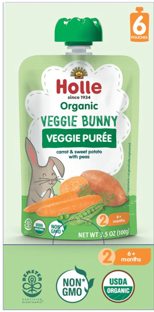 Holle Organic Veggie Bunny Baby Food Puree 6+ Months Carrot Sweet Potato Peas -- 6 Pouches