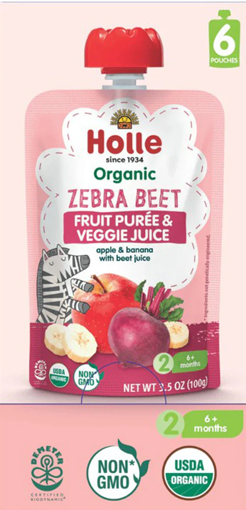 Holle Organic Zebra Beet Baby Food Puree 6+ Months Apple Banana Beet Juice -- 6 Pouches