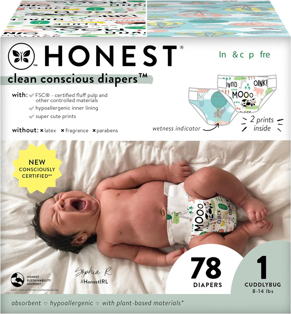 Honest Clean Conscious Diapers Above It All + Barnyard Babies 78 Diapers -- Size 1