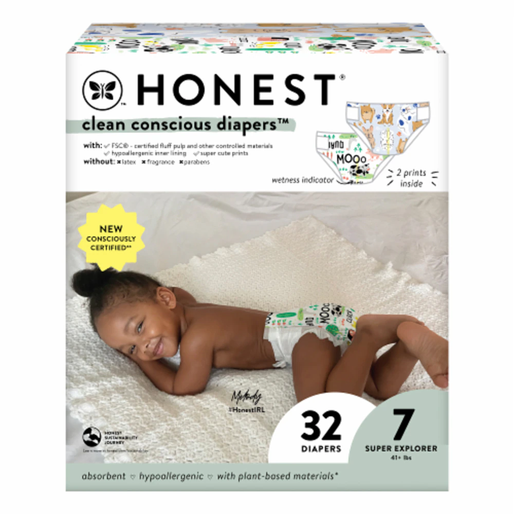 Honest Clean Conscious Diapers Barnyard Babies + Its a Pawty 32 Diapers -- Size 7