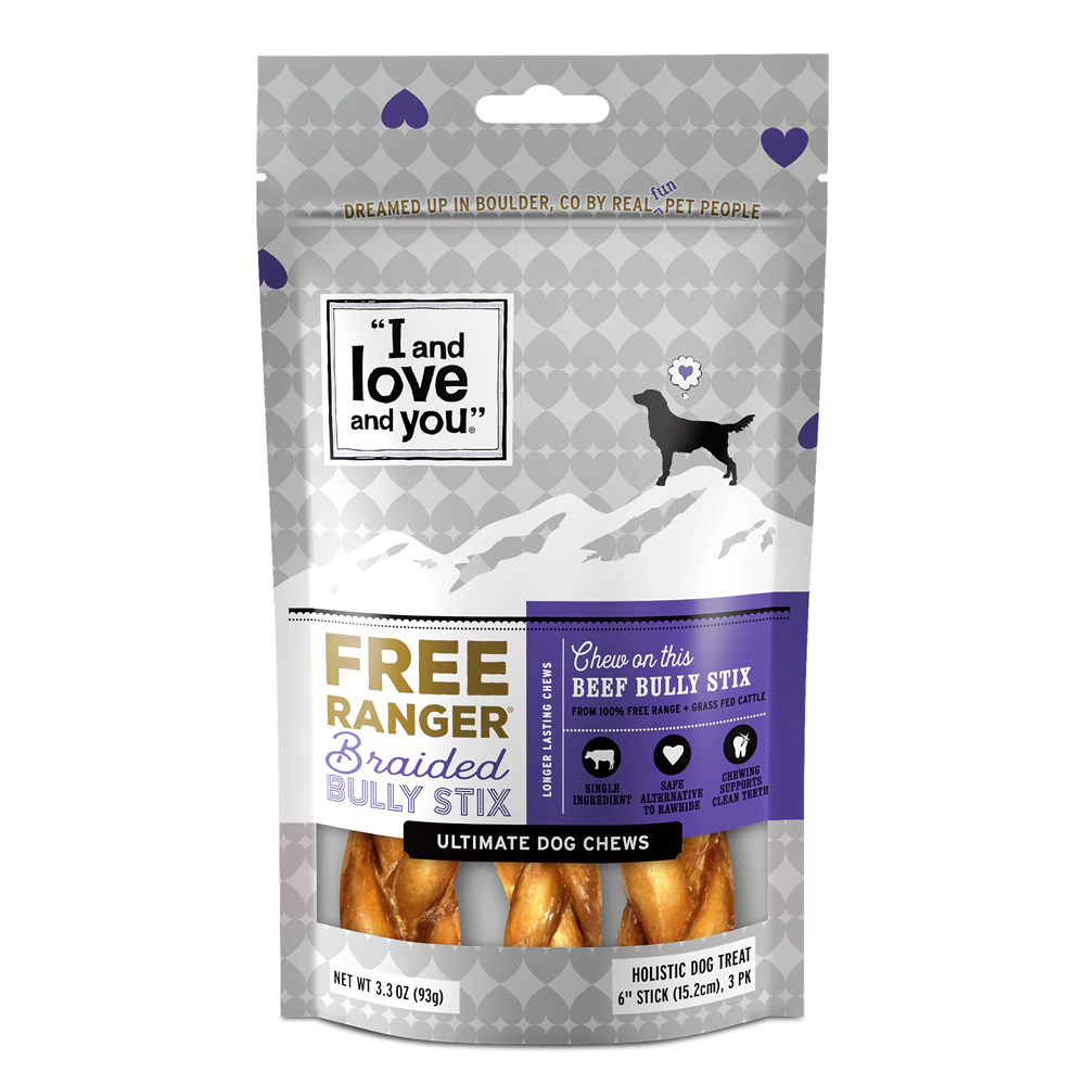 I and Love and You Free Ranger Braided Bully Stix Dog Chew Treat Beef -- 3 Sticks