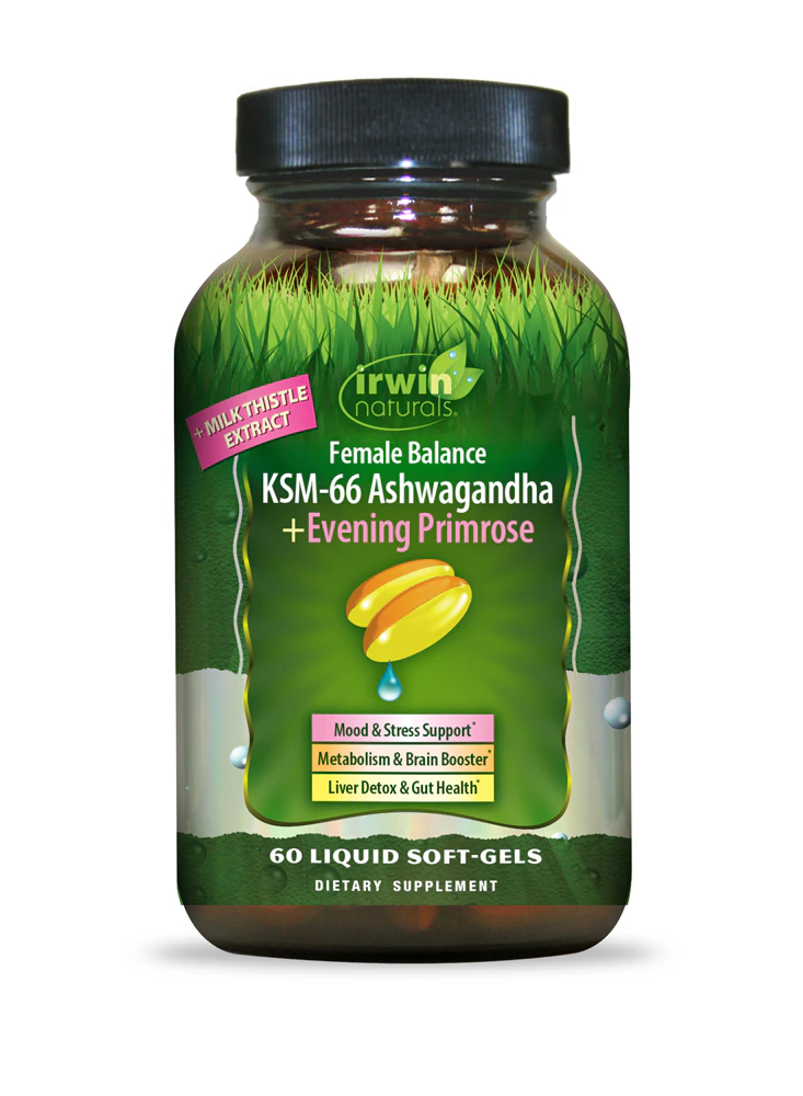 Irwin Naturals Female Balance KSM-66 Ashwagandha +Evening Primrose -- 60 Liquid Softgels