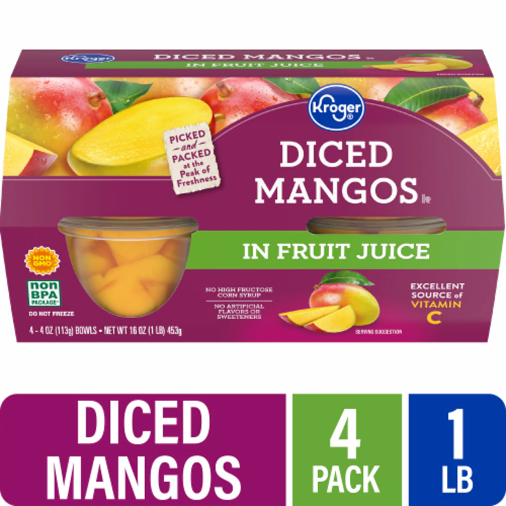 Kroger Diced Mango Cups in 100% Juice -- 4 oz Each / Pack of 4