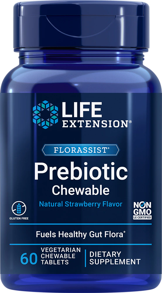 Life Extension FLORASSIST Prebiotic-Fuel for Healthy Gut Flora Natural Strawberry -- 60 Chewable Tablets