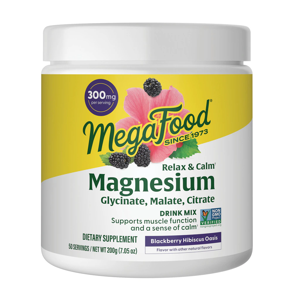 MegaFood Magnesium Relax + Calm Powder Glycinate Citrate Malate Blackberry Hibiscus Oasis -- 50 Servings