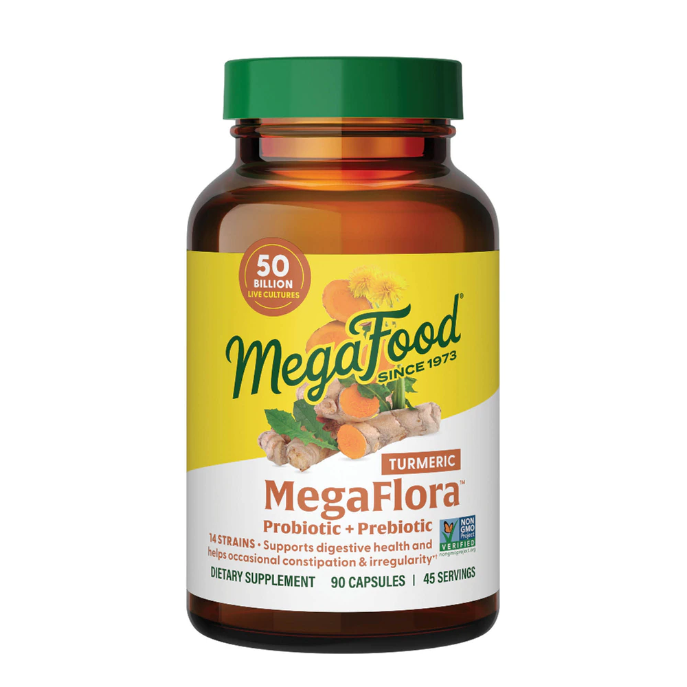 MegaFood MegaFlora Probiotic + Prebiotic + Turmeric -- 50 billion CFU - 14 Strains - 90 Capsules
