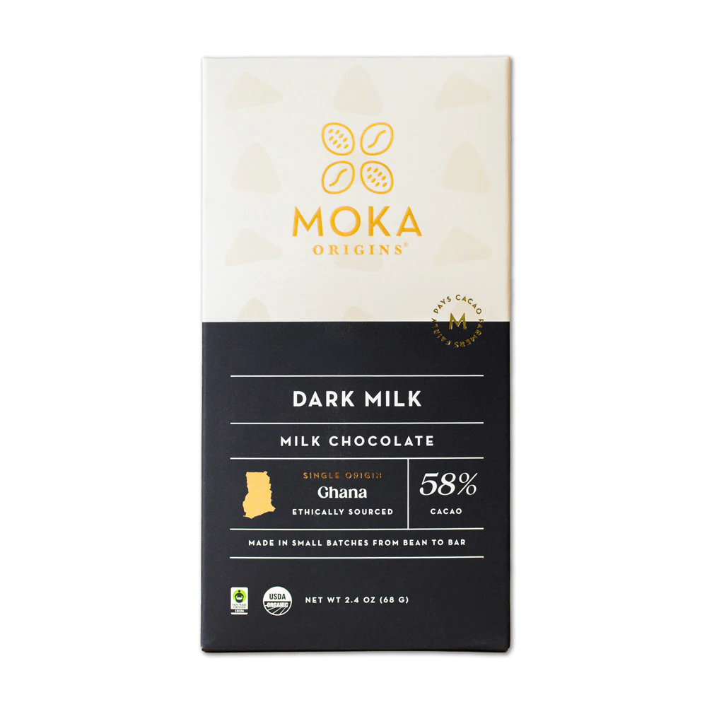 Moka Origins Ghana Chocolate Bar Organic Ethically Sourced 58% Cacao Milk Chocolate Dark Milk -- 2.4 oz