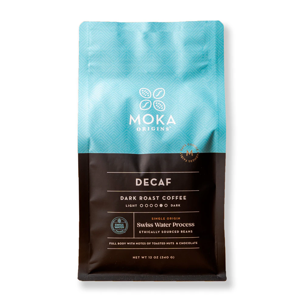 Moka Origins Swiss Water Process Decaf Coffee Ethically Sourced Dark Roast -- 12 oz