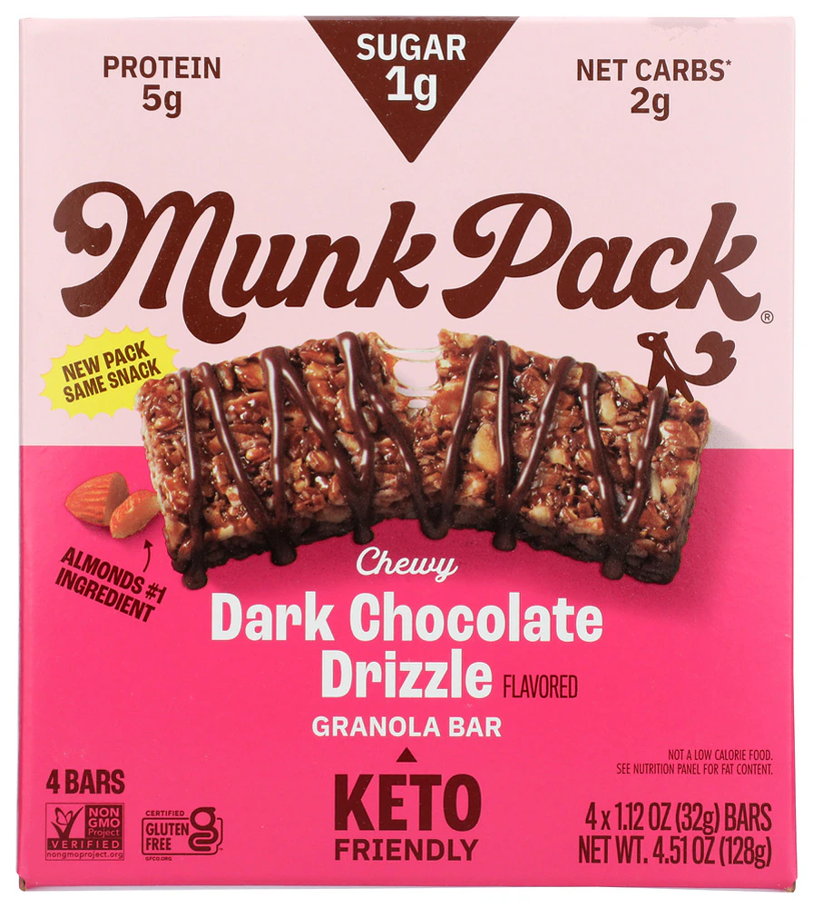 Munk Pack Gluten Free Keto Chewy Granola Bar Dark Chocolate Drizzle -- 4 Bars