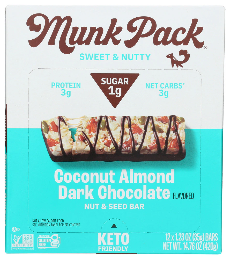 Munk Pack Nut & Seed Bar Gluten Free Keto Coconut Almond Dark Chocolate -- 12 Bars