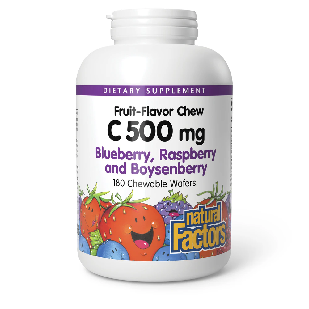 Natural Factors Fruit-Flavor Chew C Blueberry Raspberry and Boysenberry -- 500 mg - 180 Chewable Wafers