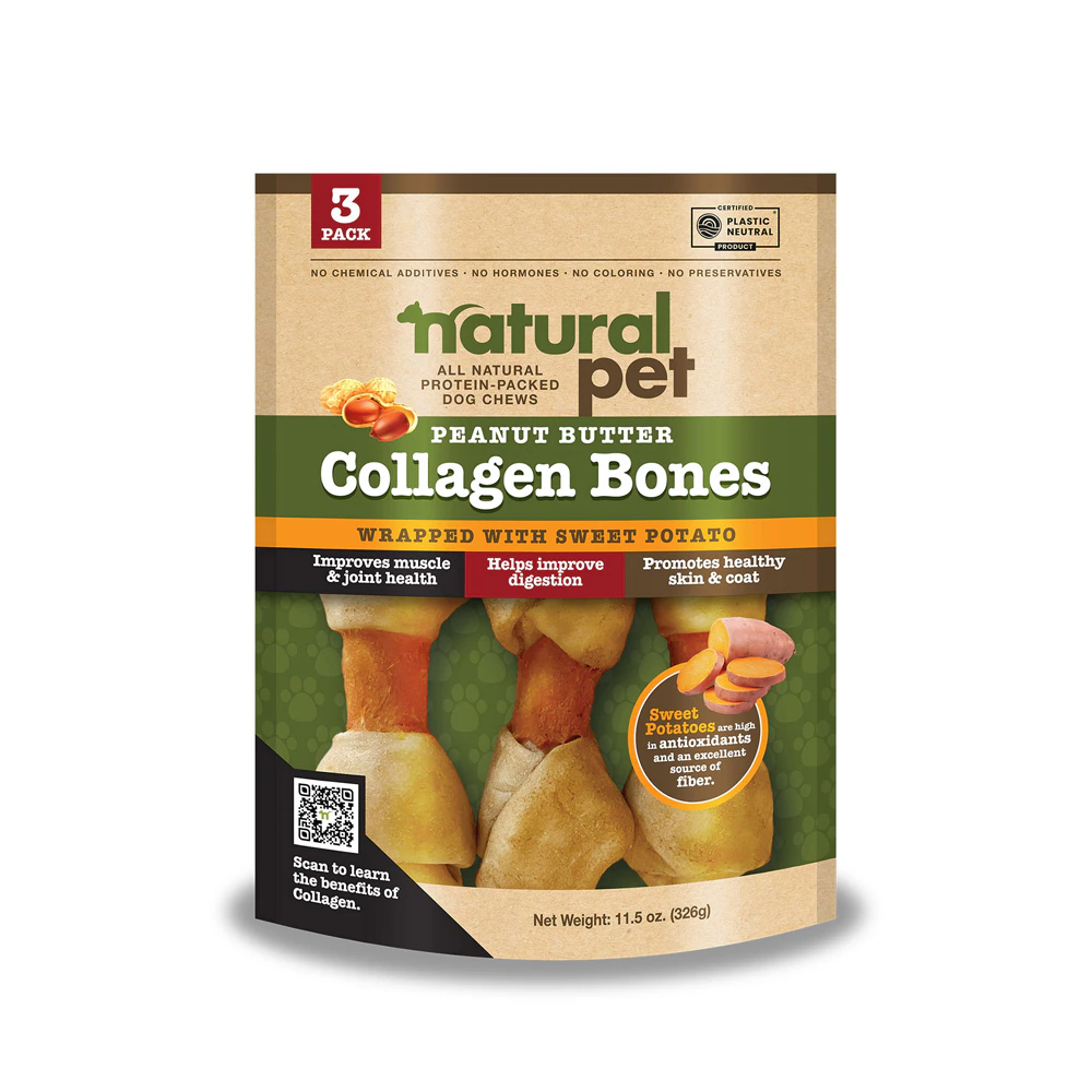 Natural Pet Collagen Bones Protein Packed Dog Chews Peanut Butter Sweet Potato -- 3 Bones