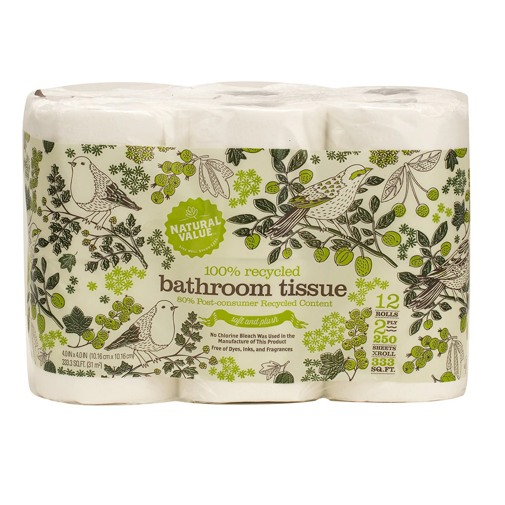 Natural Value Bathroom Tissue 100% Recycled Toilet Paper 2 ply 250 Sheets -- 12 Rolls