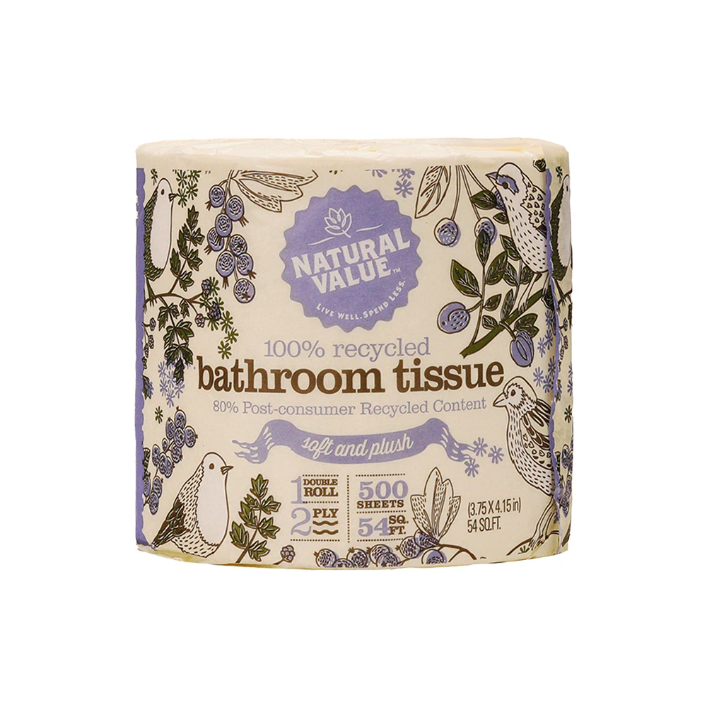 Natural Value Bathroom Tissue 100% Recycled Toilet Paper Double Roll 2 Ply 500 Sheets -- 1 Roll