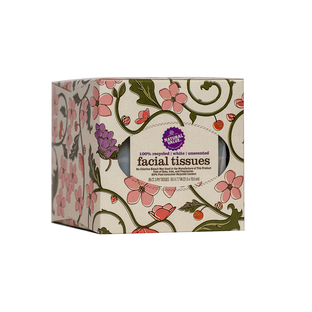 Natural Value Facial Tissues 100% Recycled White Unscented 2 ply -- 85 Sheets