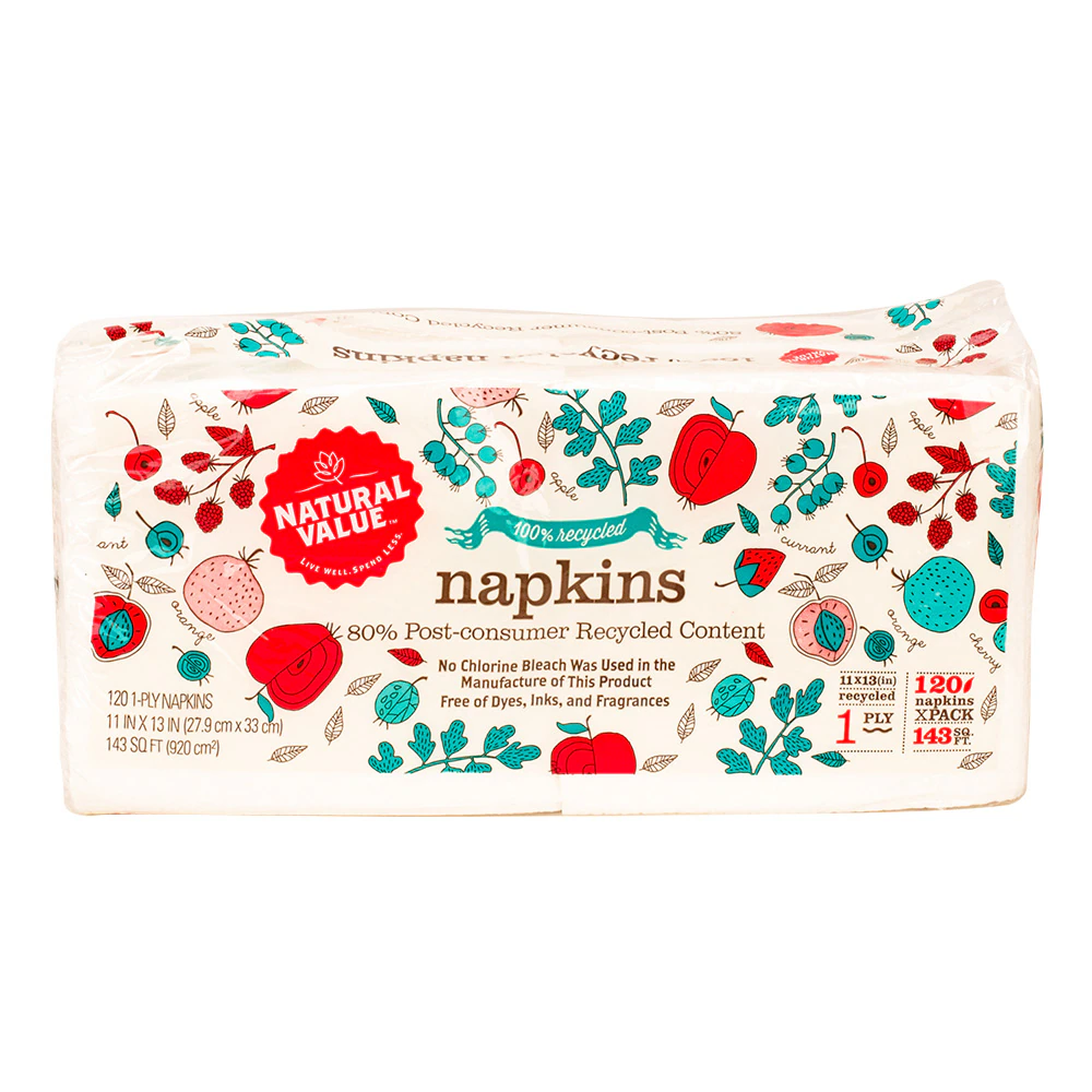 Natural Value Paper Napkins 100% Recycled -- 120 Napkins
