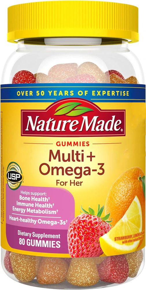 Nature Made Multi + Omega 3 For Her Strawberry Lemon & Orange -- 80 Gummies