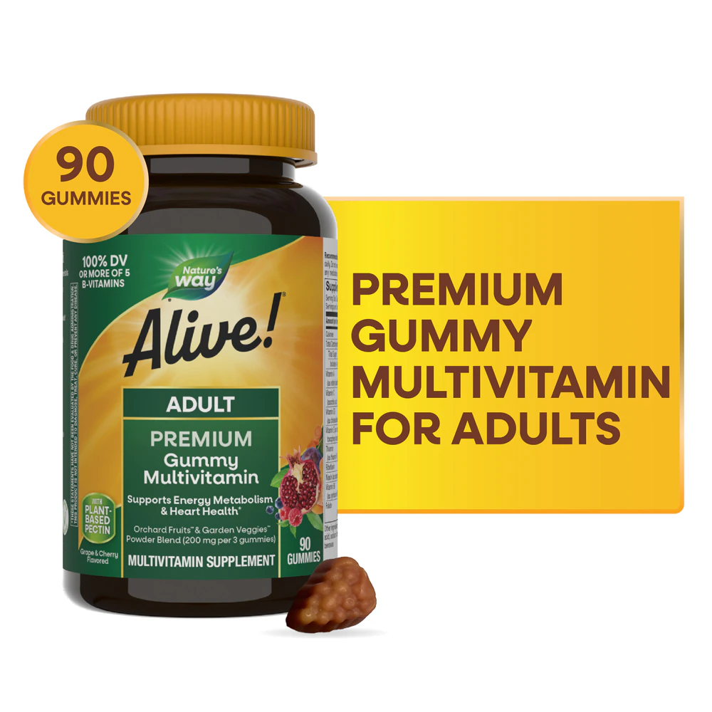 Nature's Way Alive! Adult Premium Multivitamin Gummies - Vitamins C-D3-B12-B6- Zinc -- 90 Gummies