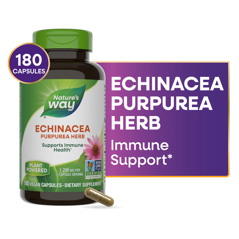 Nature's Way Echinacea Purpurea Herb -- 1200 mg Per 3-Capsule Serving - 180 Vegan Capsules