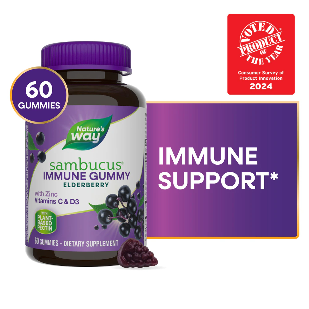 Nature's Way Sambucus Immune Gummies - Elderberry - Vitamin C - Vitamin D3 - Zinc -- 60 Gummies