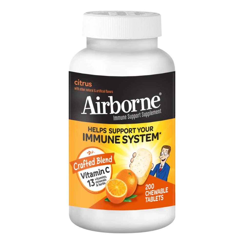 Airborne Immune Support Vitamin C + 13 Vitamins Minerals & Herbs Citrus -- 200 Chewable Tablets