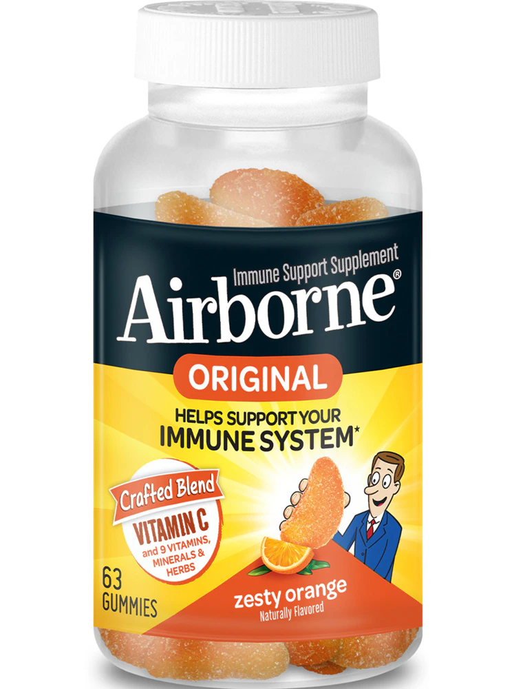 Airborne Immune Support Vitamin C + 9 Vitamins Minerals & Herbs Zesty Orange -- 63 Gummies