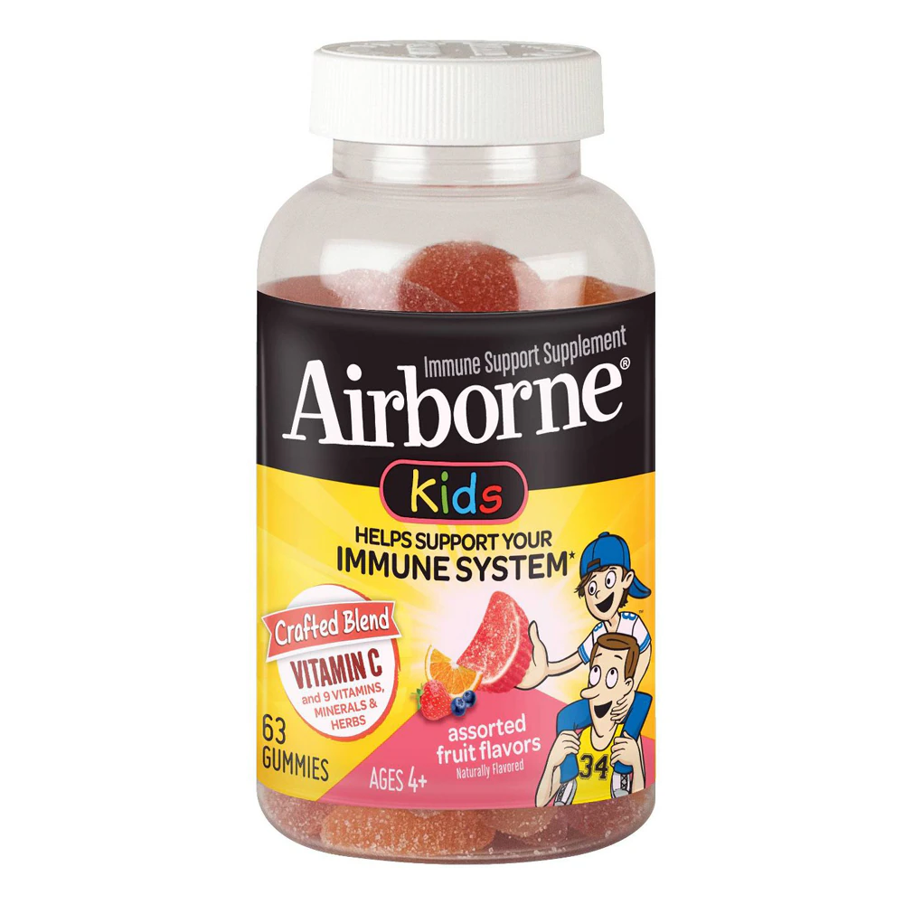 Airborne Kids Immune Support Vitamin C + 9 Vitamins Minerals & Herbs Assorted Fruit -- 63 Gummies