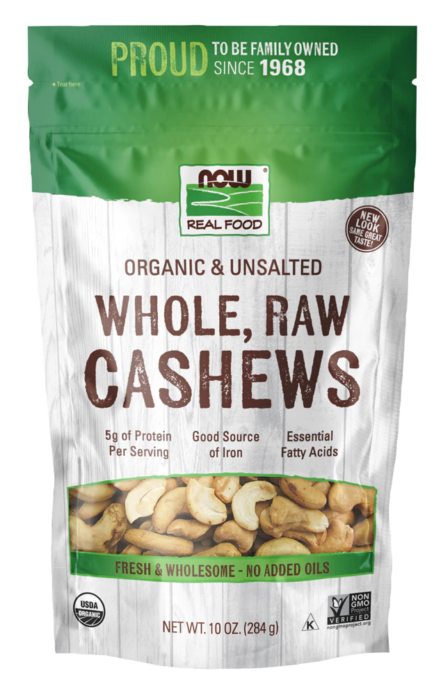 NOW Foods Organic & Unsalted Whole Raw Cashews -- 10 oz