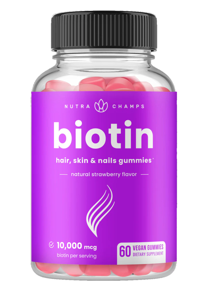 NutraChamps Biotin Hair Skin & Nails Gummies Natural Strawberry -- 10000 mcg - 60 Vegan Gummies