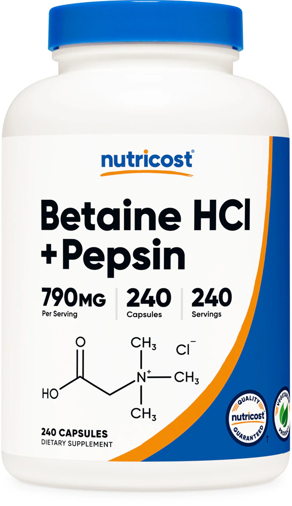Nutricost Betaine HCl + Pepsin -- 790 mg - 240 Capsules