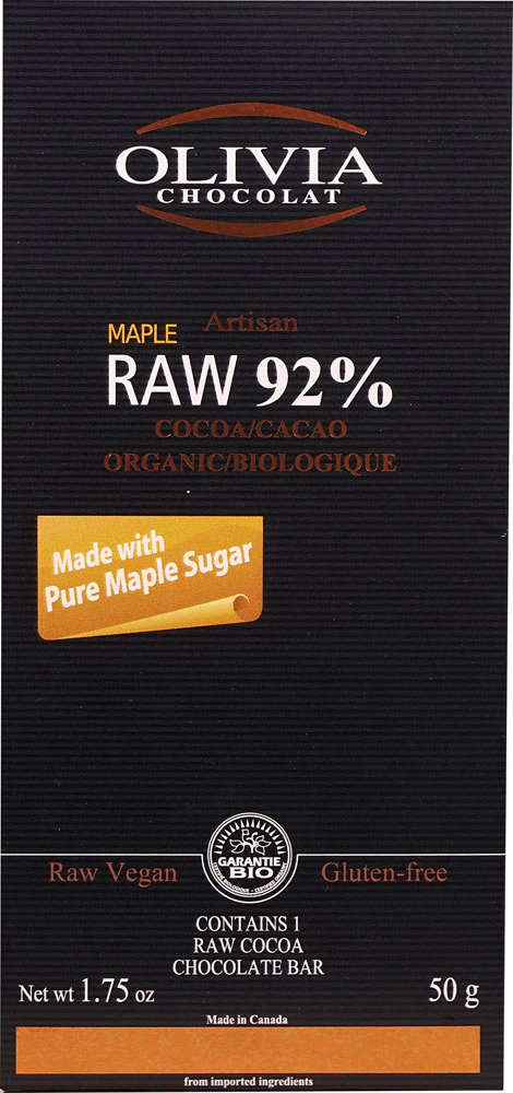 Olivia Chocolat Artisan Raw 92% Cocoa Bar Organic Maple -- 1.75 oz