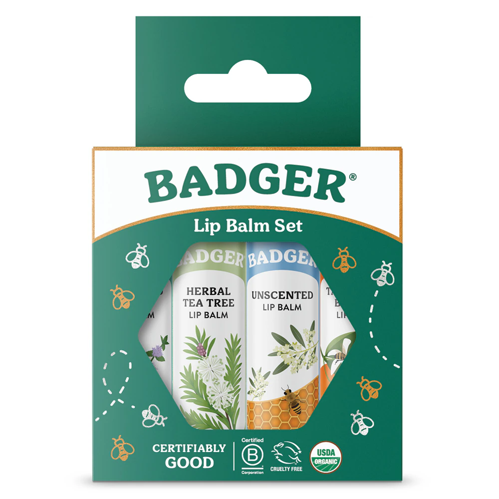 Badger Organic Lip Balm Variety 4 Pack Green -- 4 Lip Balm