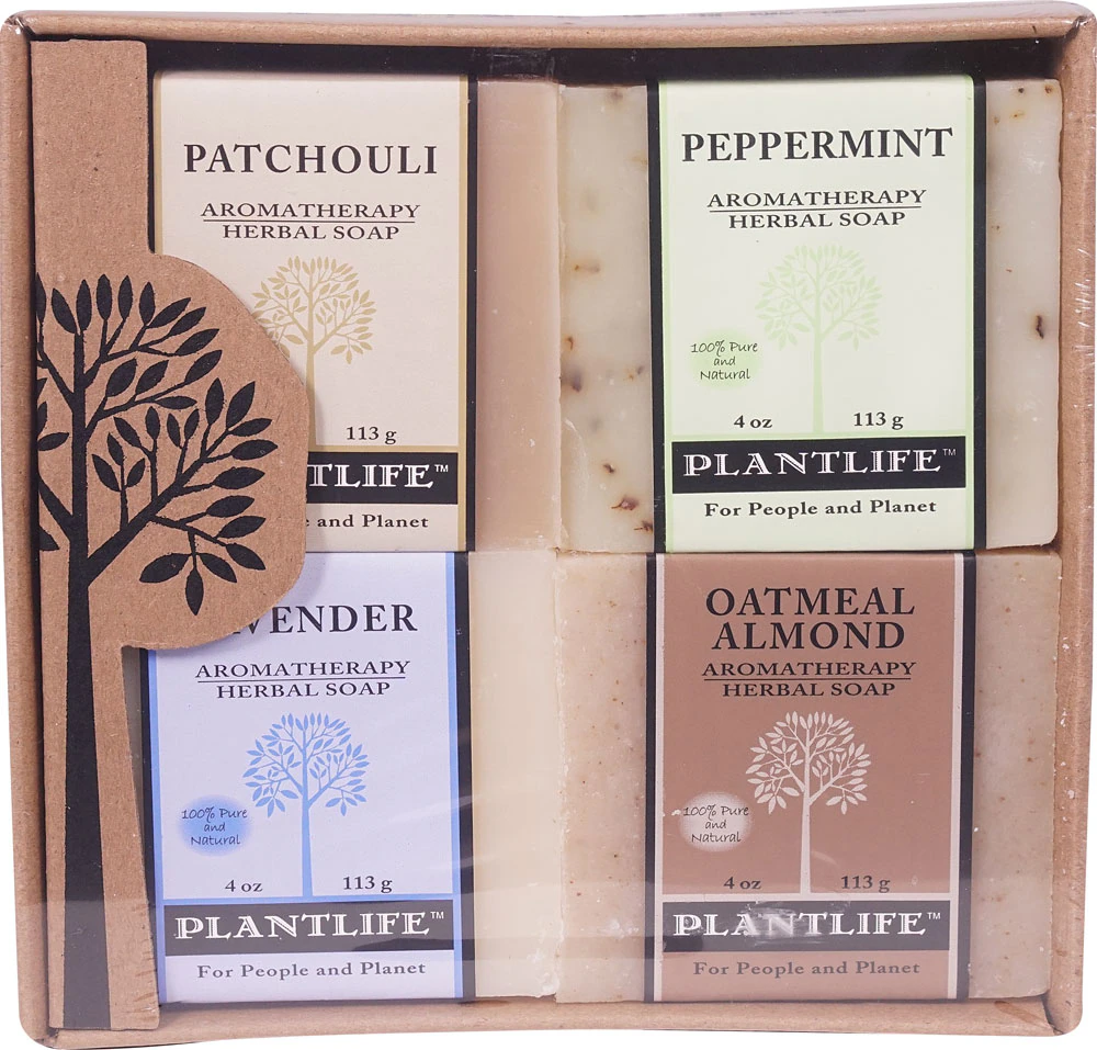 Plantlife Herbal Bar Soap Variety Pack- Patchouli-Peppermint-Lavender-Oatmeal Almond -- 4 Bars