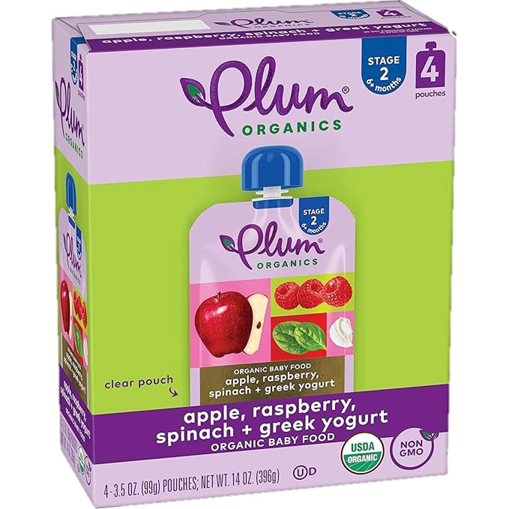 Plum Organics Baby Food 6+ Months Apple Raspberry Spinach + Greek Yogurt -- 4 Pouches