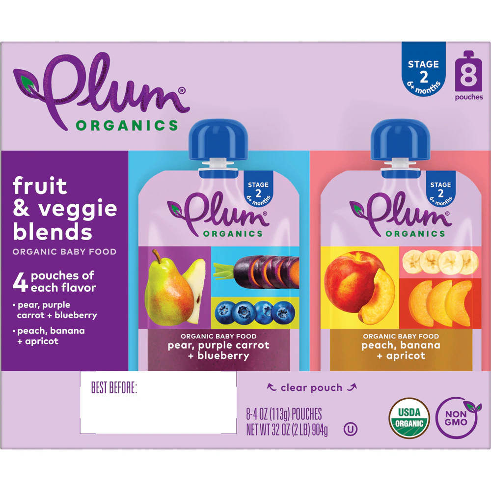 Plum Organics Baby Food 6+ Months Fruit & Veggie Blends Variety Pack 2 -- 8 Pouches