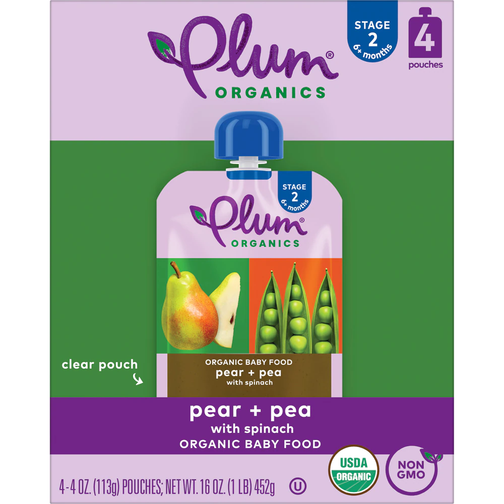 Plum Organics Baby Food 6+ Months Pear Spinach + Pea -- 4 Pouches