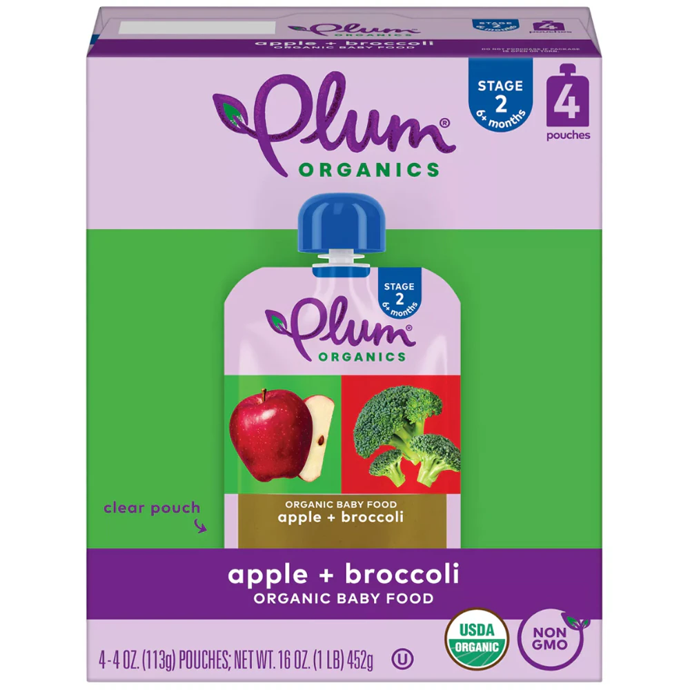 Plum Organics Baby Food Puree 6+ Months Apple & Broccoli -- 4 Pouches