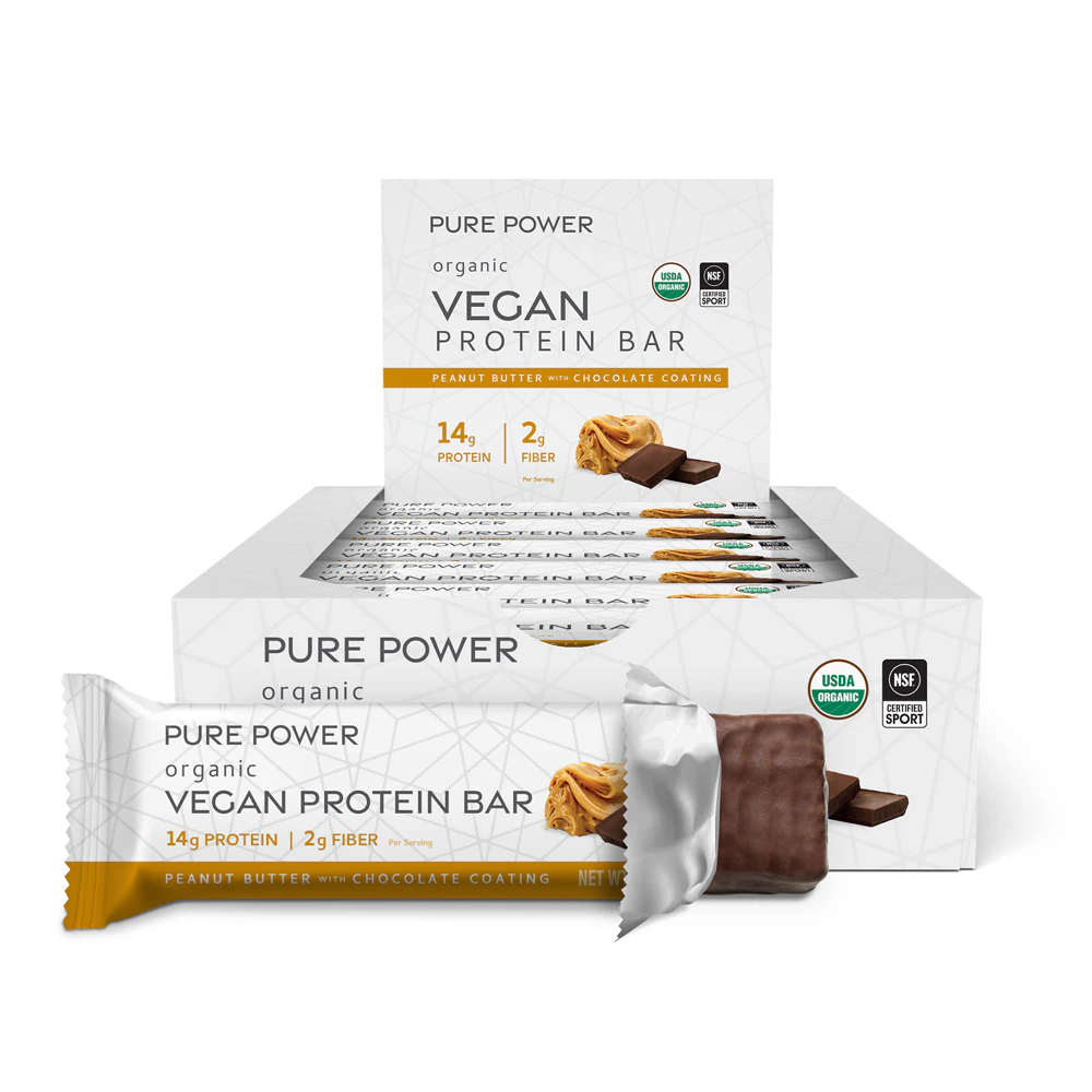 Pure Power Organic Vegan Protein Bar with Chocolate Coating NSF Certified for Sport Peanut Butter -- 12 Bars