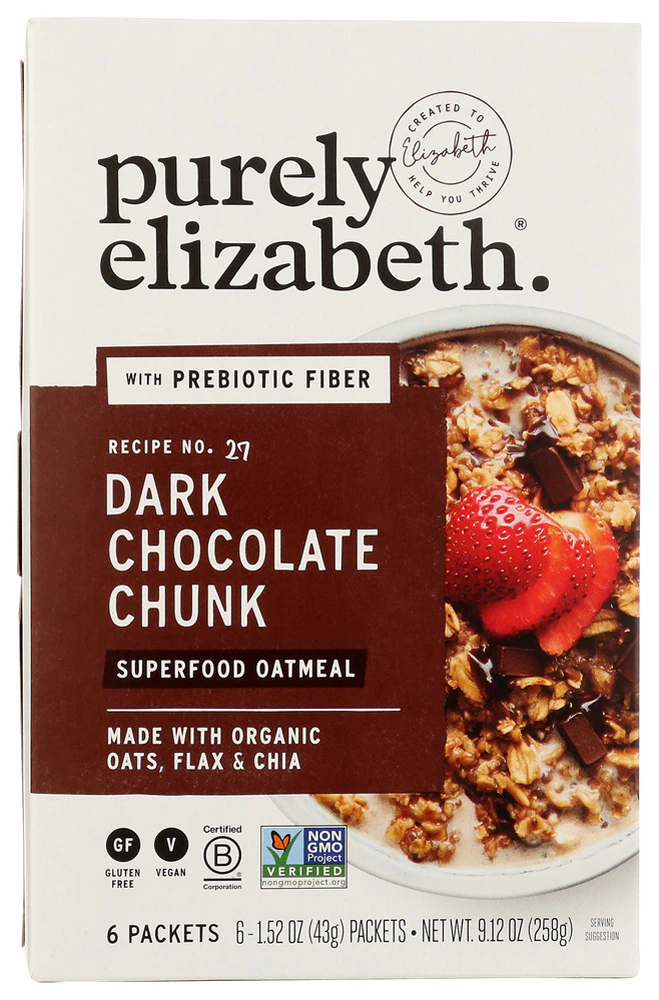 Purely Elizabeth Vegan Gluten Free Superfood Oatmeal with Prebiotic Fiber made with Organic Oats Flax & Chai Dark Chocolate Chunk -- 6 Packets